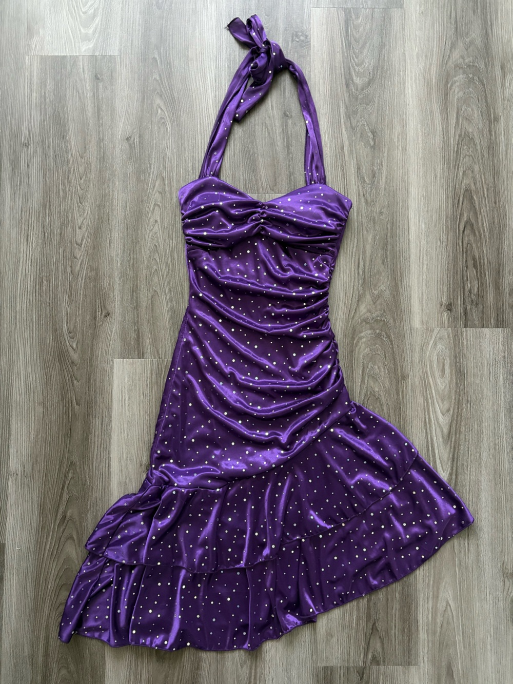 Vintage Made in Canada Mariposa Purple Polka Halter Asymmetrical Satin Dress